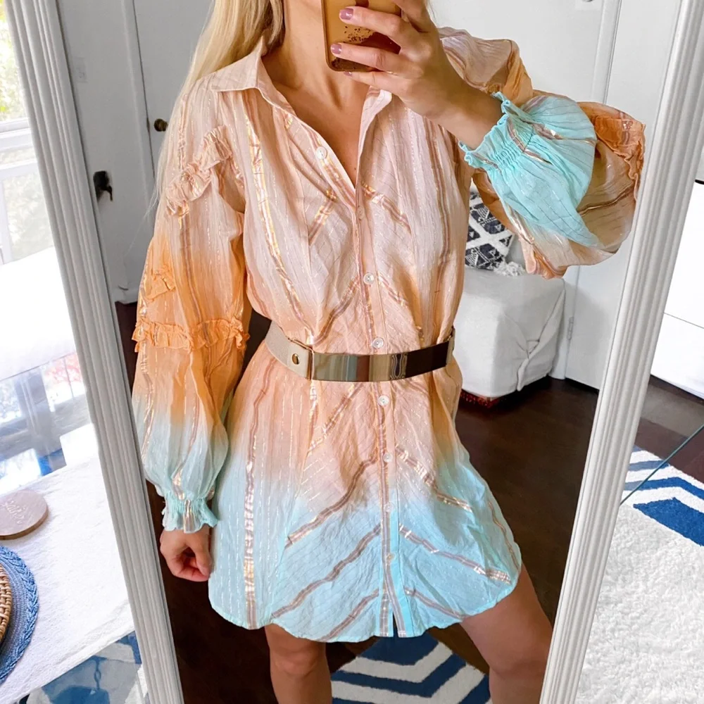🩵 MISS JUNE PEACH BLUE OMBRÉ COLLARED LOOSE FIT MINI DRESS! (no belt) - Picture 8 of 16